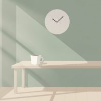 窓際の机に置かれたコーヒーカップと壁掛け時計のイラスト