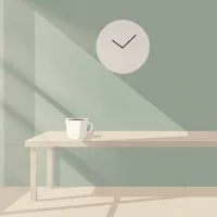 窓際の机に置かれたコーヒーカップと壁掛け時計のイラスト