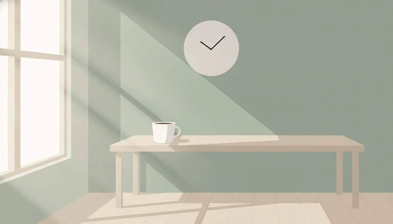 窓際の机に置かれたコーヒーカップと壁掛け時計のイラスト