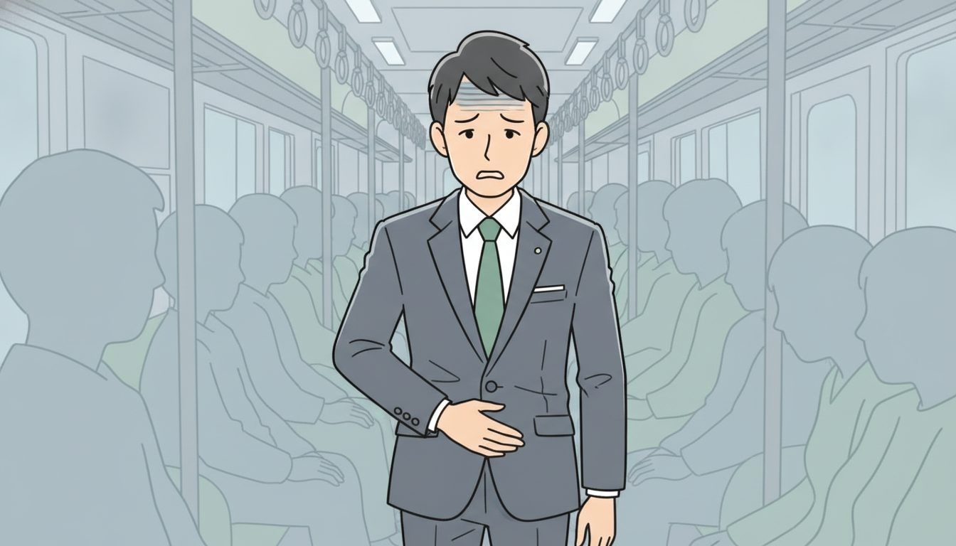満員電車の中で腹部を押さえ、不安そうな表情を浮かべる通勤中の会社員