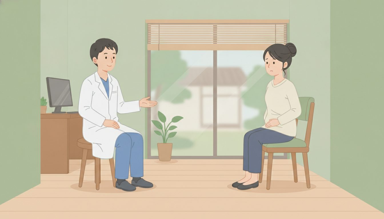 白衣の医師が腹部の不調を訴える患者に落ち着いた様子で説明している診察室の場面