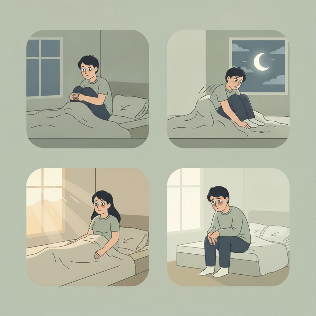 入眠困難・中途覚醒・早朝覚醒・熟眠障害の4タイプを描いたイラスト