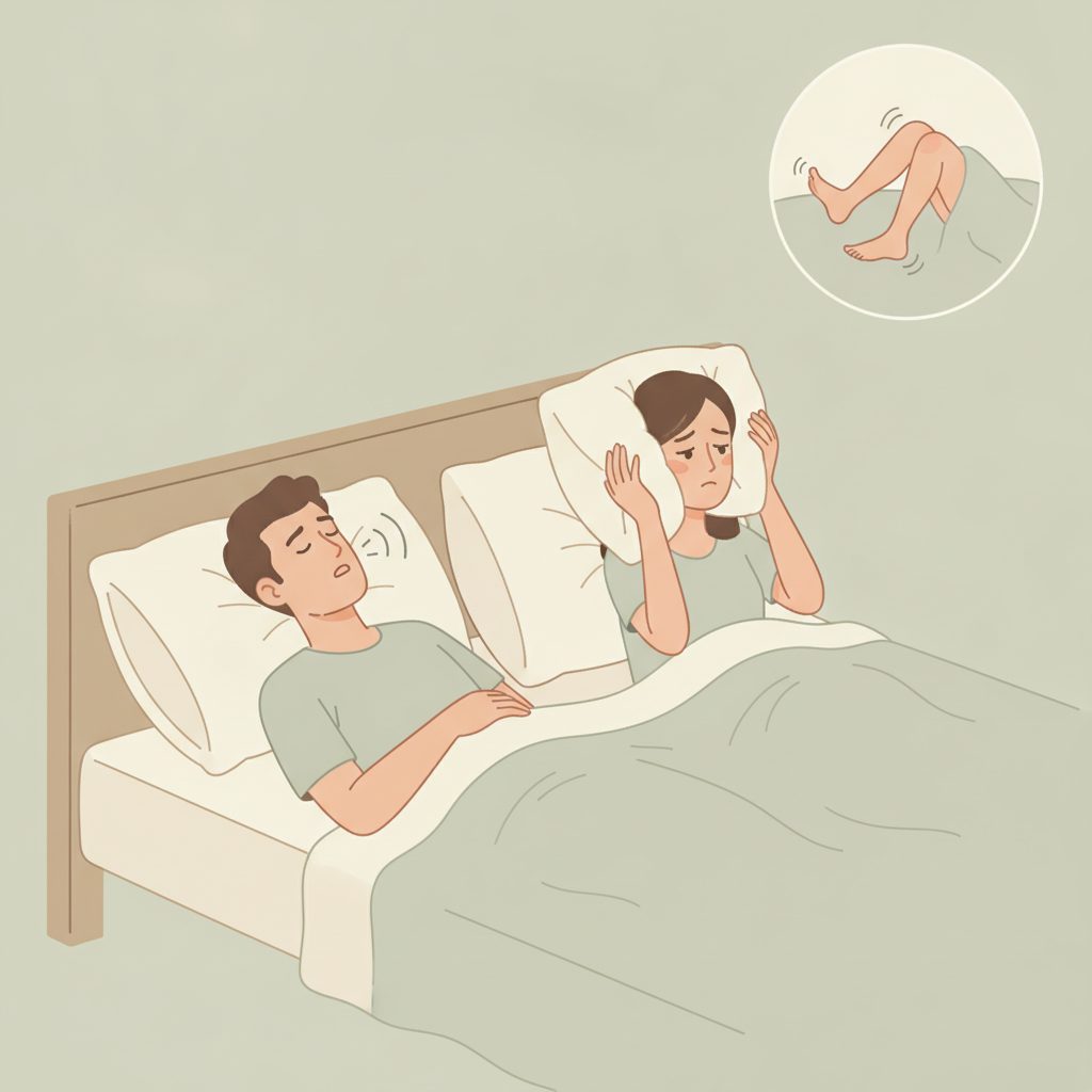 いびきと脚のむずむずなど不眠症と紛らわしい症状を描いたイラスト