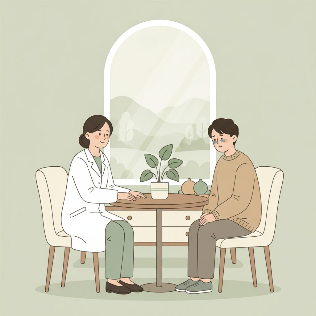 医師が睡眠の悩みを聞いている診察室のイラスト
