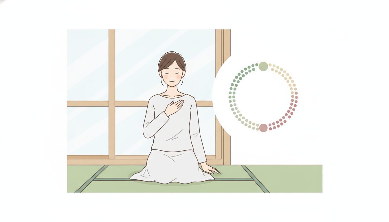 窓辺に座る女性と、月ごとの気分の波を示す円環のイメージ
