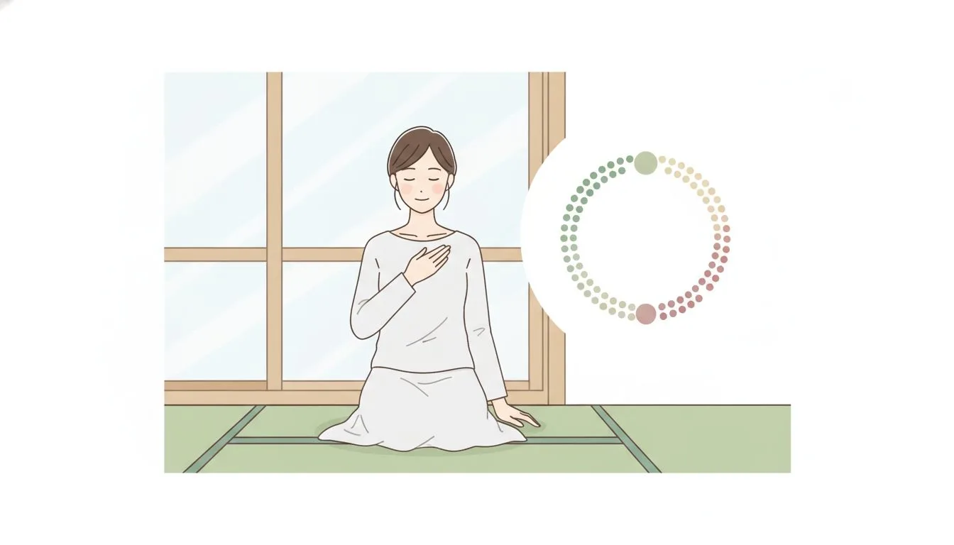 窓辺に座る女性と、月ごとの気分の波を示す円環のイメージ