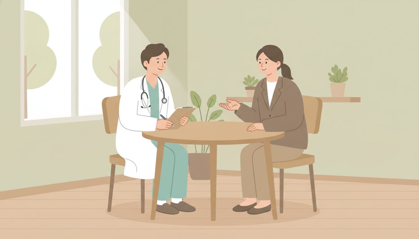 医師と休職中の本人が落ち着いた面談室で復職について話し合う様子