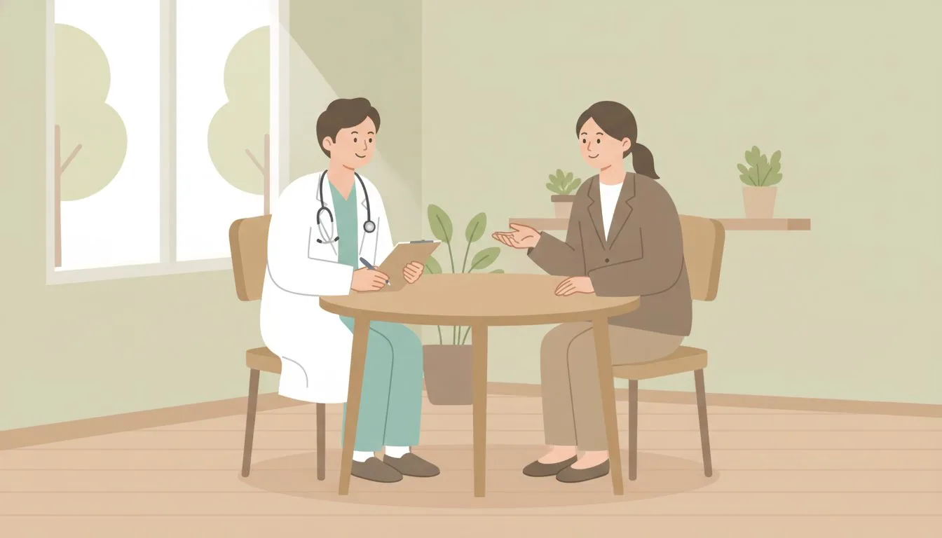 医師と休職中の本人が落ち着いた面談室で復職について話し合う様子