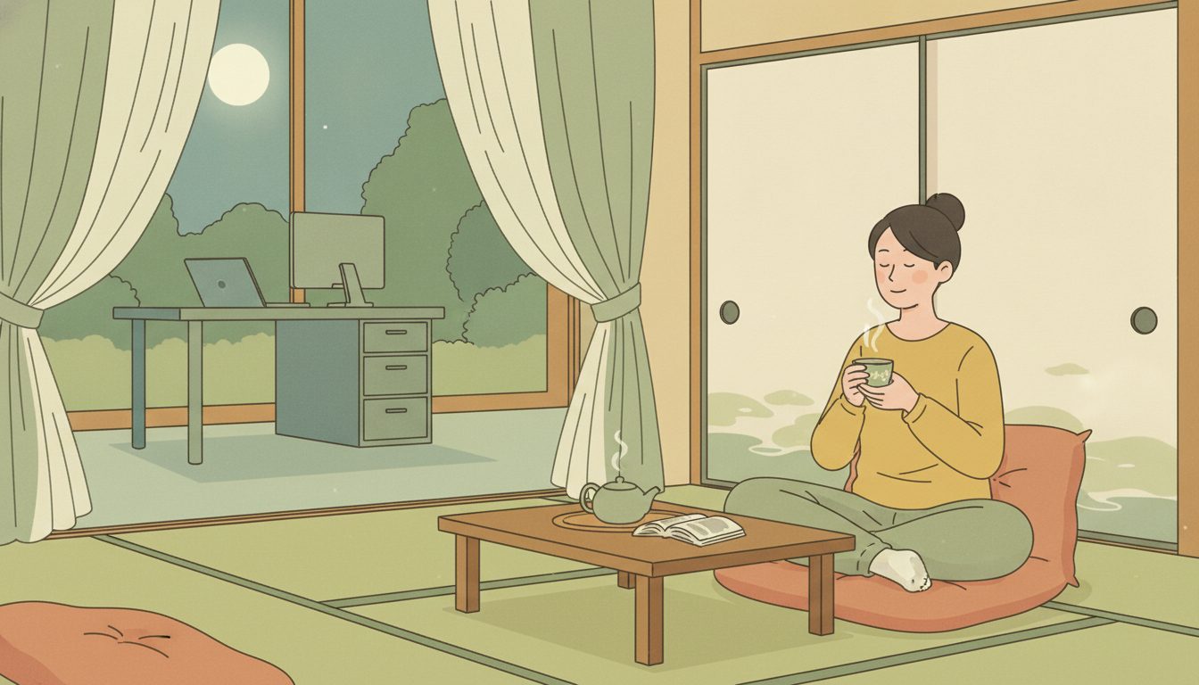 奥の仕事机から離れ、手前でお茶を飲みくつろぐ人。仕事と私生活の境界を表したイラスト
