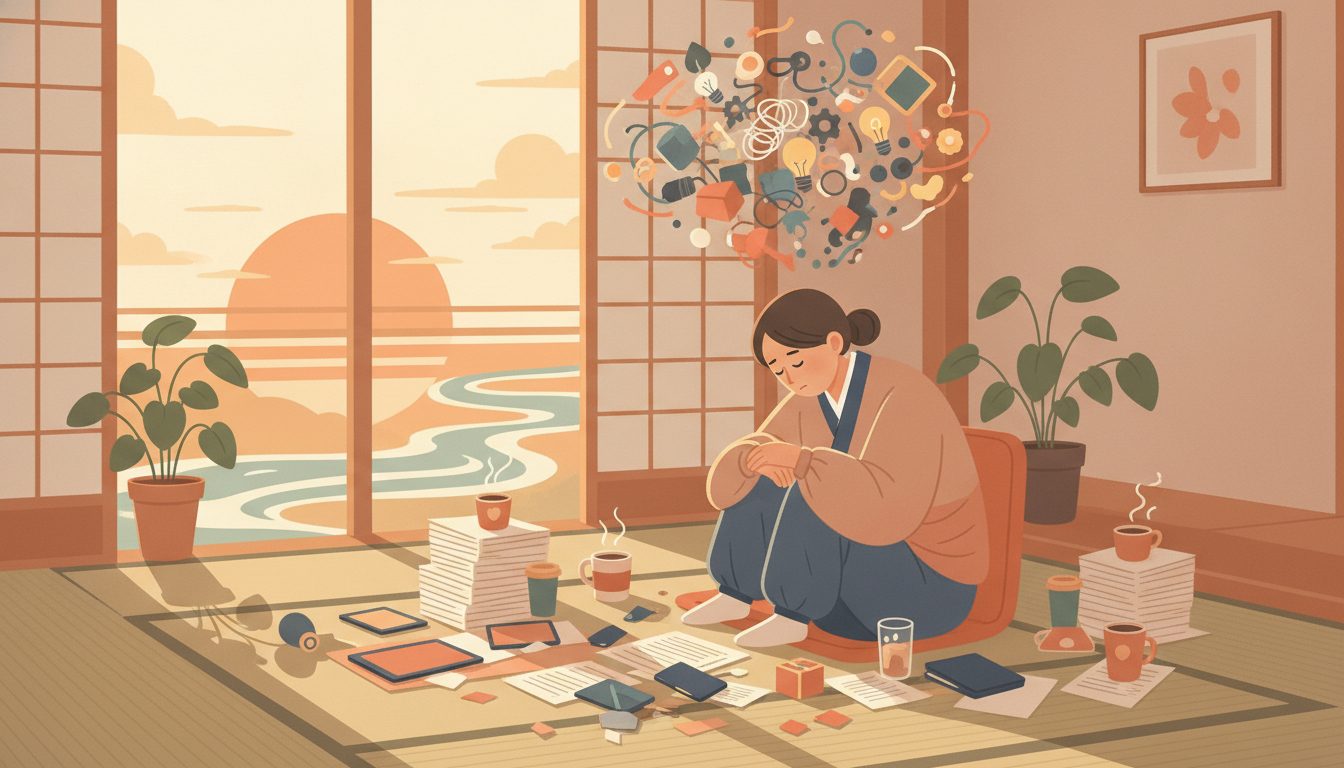 仕事の情報で頭がいっぱいになり疲れた人が、脳の休息を必要としている様子のイラスト