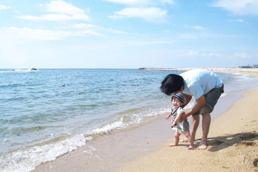 父親と子供が並んで海辺を歩くイメージ
