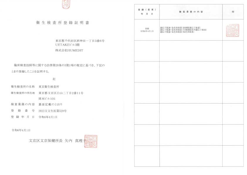 衛生検査所登録証明書