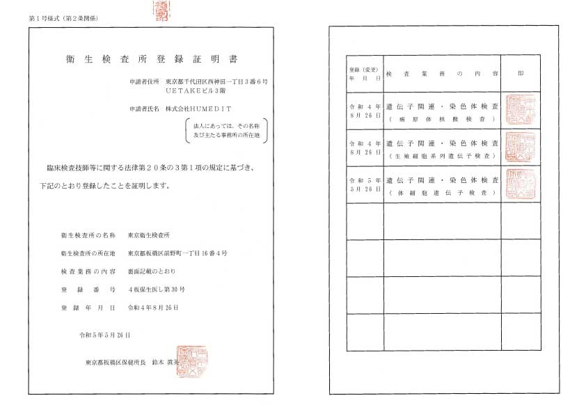 衛生検査所登録証明書