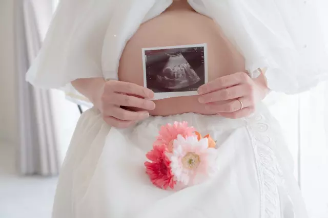 エコー写真と妊婦のお腹とお花