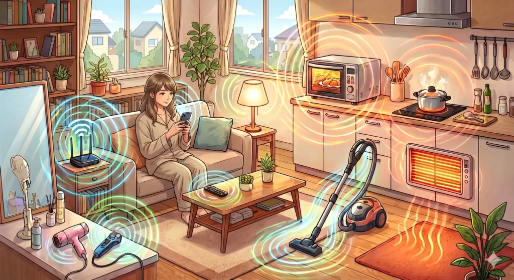 スマートフォンや電子レンジなど日常の家電製品が発する非電離放射線と胎児への影響を示すイメージイラスト