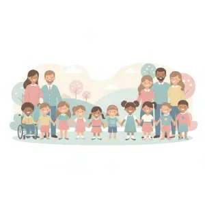 多様な子どもたちが笑顔で過ごすイメージ