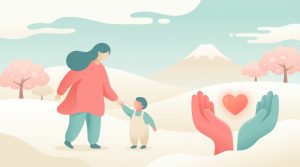 親子が手をつなぎ支え合うイメージのイラスト