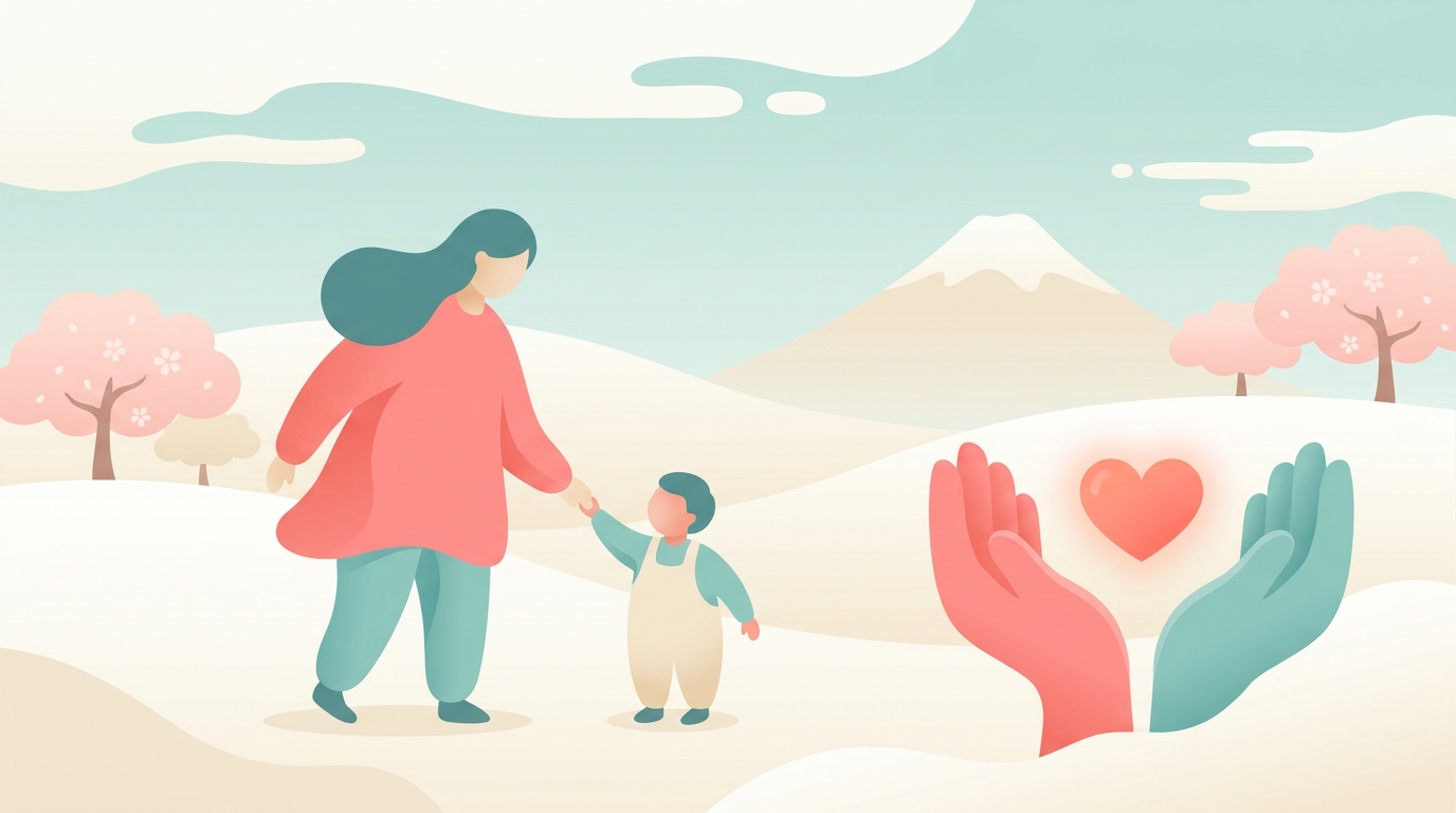 親子が手をつなぎ支え合うイメージのイラスト